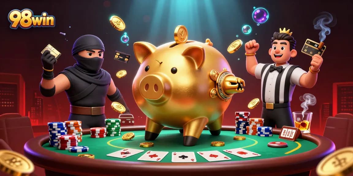 Join the excitement with 98win as characters gamble at a vibrant poker table.