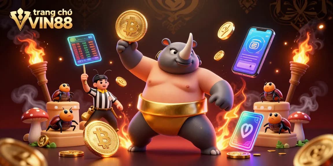 Experience the excitement of trang chủ VIN88 with a vibrant 3D illustration featuring animated characters amid flying coins and crypto elements.