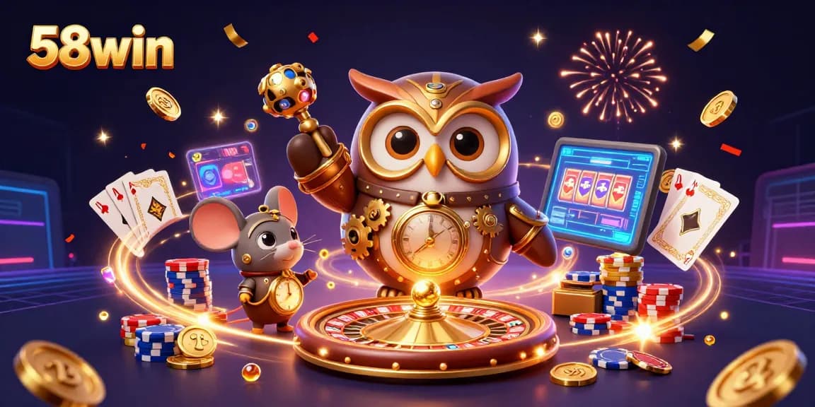 Win big with 58win: Time-traveling owl and casino highlights in a celebratory scene.