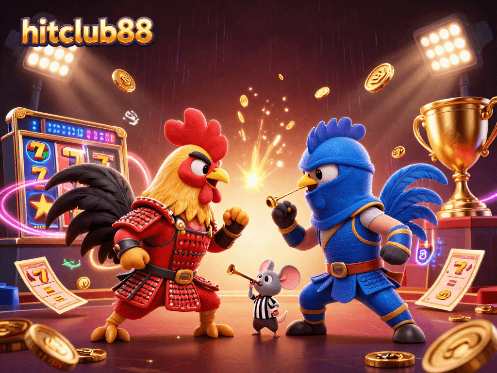 Experience high-stakes action with hitclub88 in a dynamic casino scene featuring fighting roosters and vibrant slots.