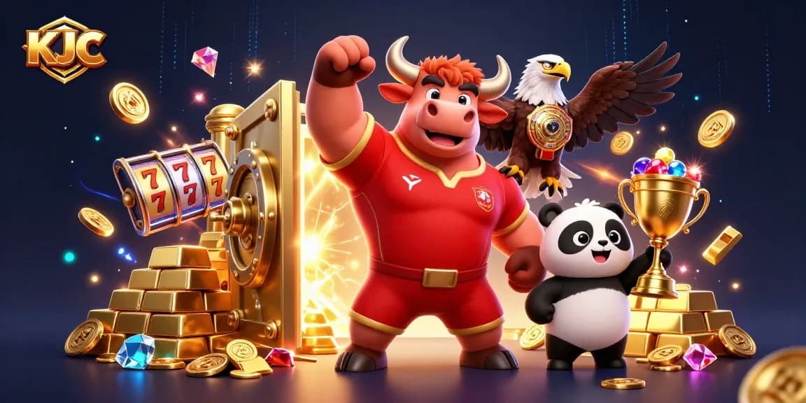 KJC mascot celebrates with a trophy in a vibrant casino scene filled with treasures.