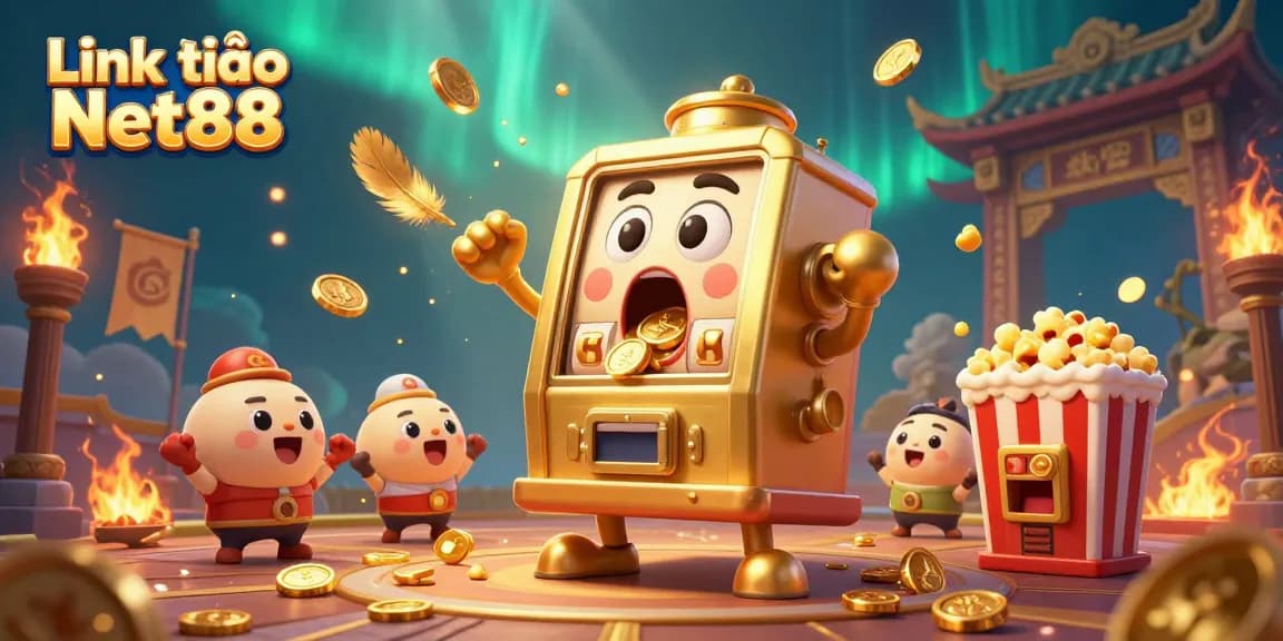Spin and win big with Link vào Net88 - A vibrant 3D casino scene of a golden slot machine celebrating its jackpot.