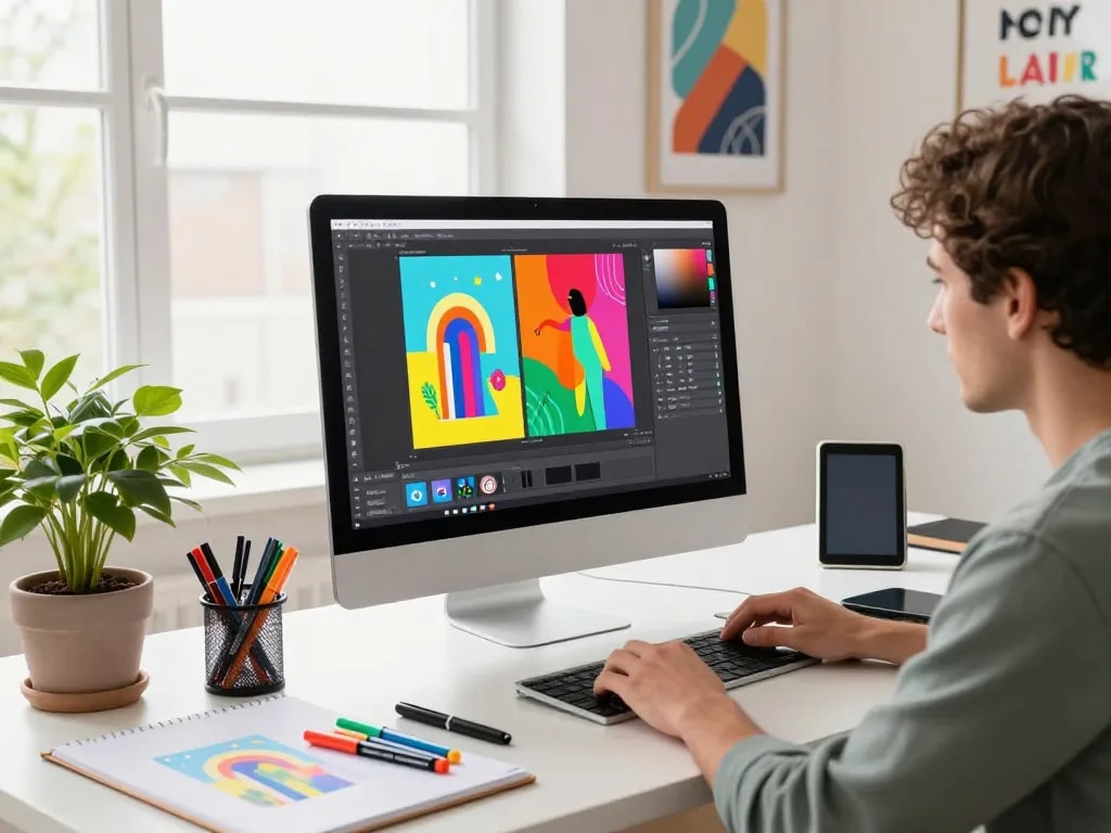 Professional designer enhancing images with nano banana AI in a vibrant creative studio.