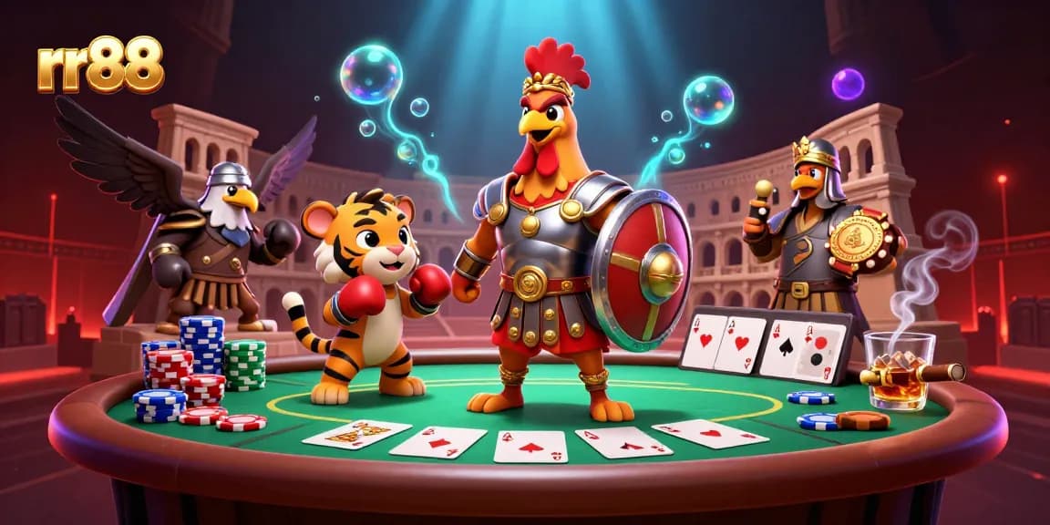 Experience thrilling poker games at rr88 with dynamic characters, showcasing a vibrant casino scene.