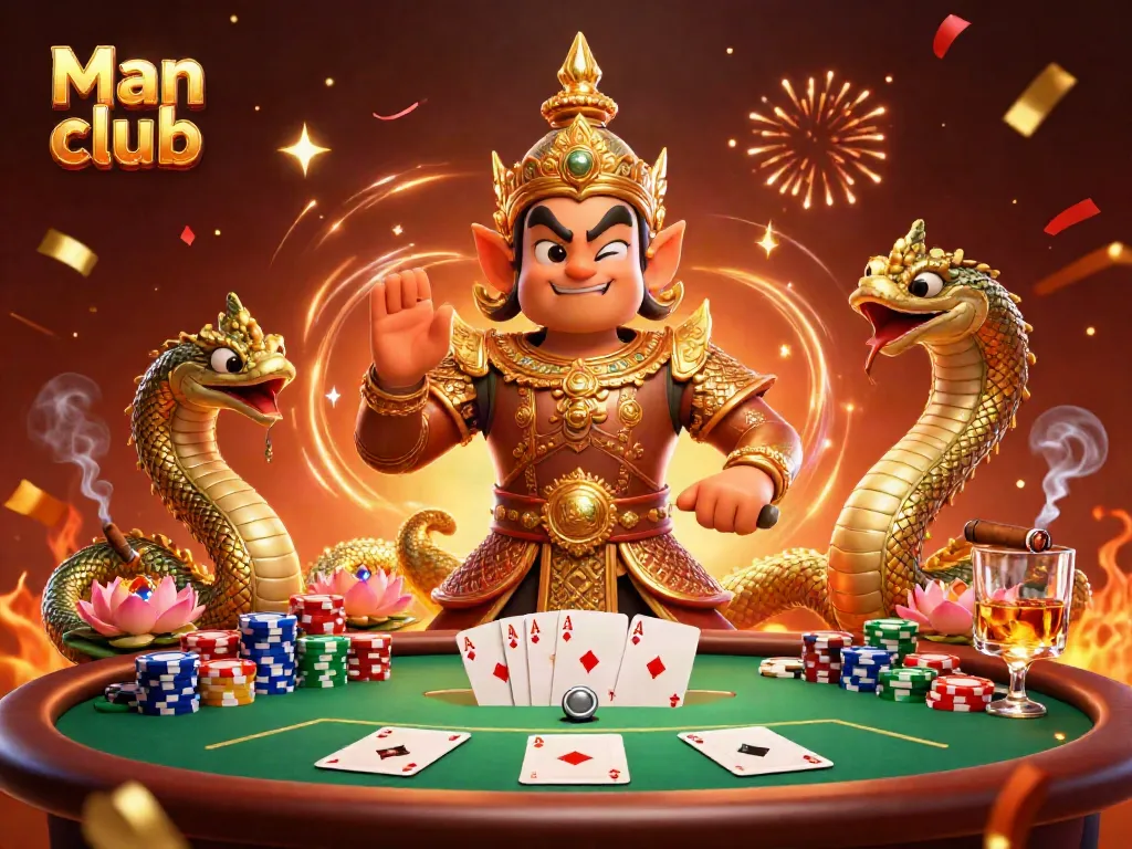 Experience thrilling gaming at Man club with friendly guardian yaksha and vibrant poker setup.