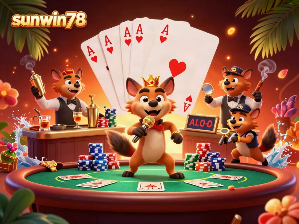 Experience the vibrant atmosphere of sunwin78, where hyenas celebrate at a comedy casino club with poker action and drinks.