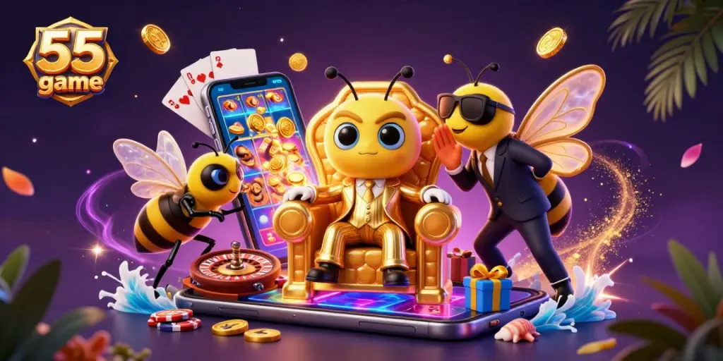 Engage with the thrilling 55 club game featuring vibrant slot reels and golden coins.