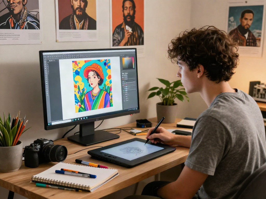 Creating digital artwork in a cozy studio with 18+ ai tools and vibrant colors.