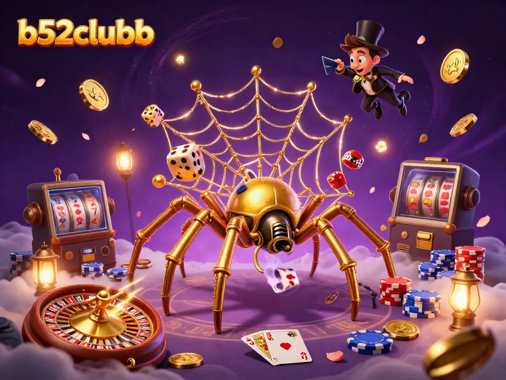 Engage in excitement with b52clubb as a steampunk spider entangles dice in a web of gold.
