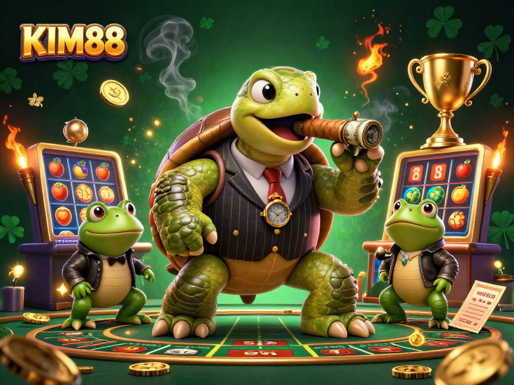 KIM88 presents an exciting casino experience with a snapping turtle and bullfrogs in lively gaming action.