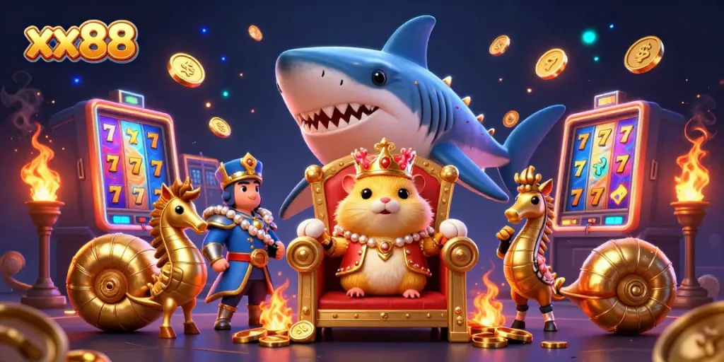 Experience thrilling wins with xx88 showcasing vibrant slot machines and a whimsical king.