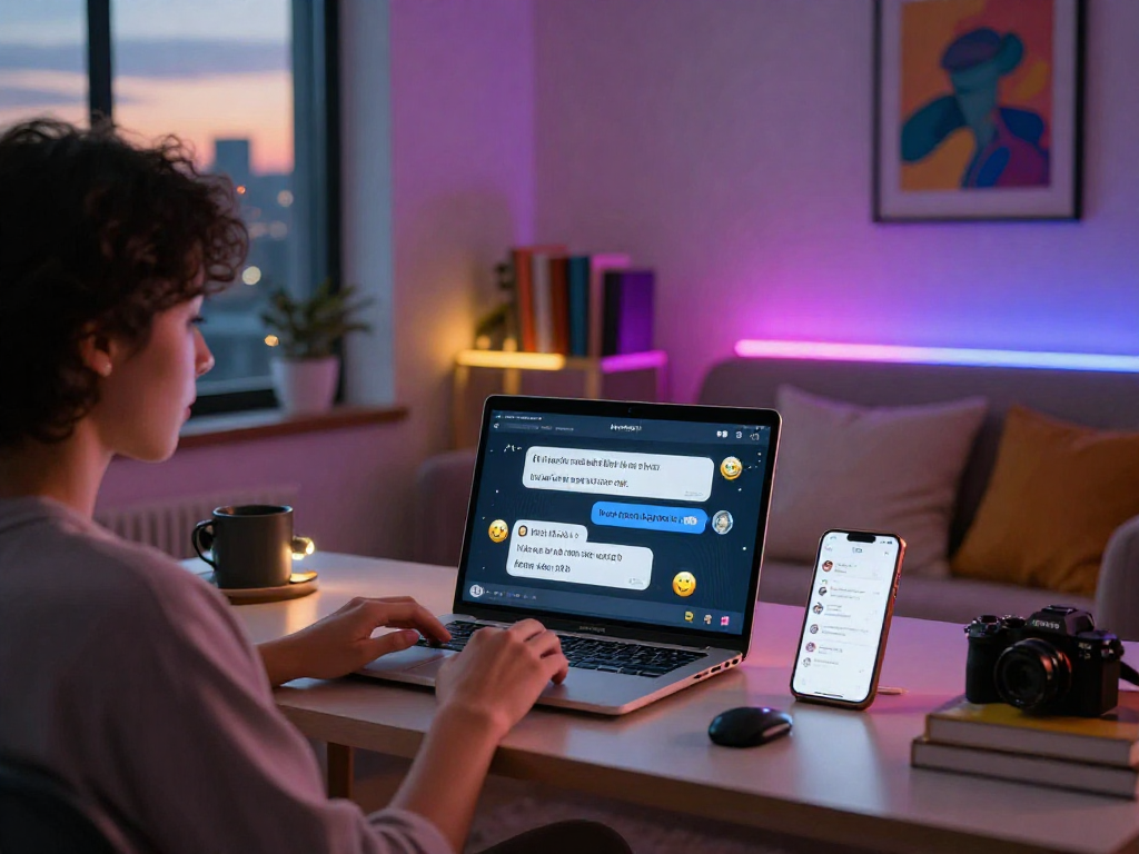 User exploring AI chat NSFW themes on a laptop in a cozy modern workspace.
