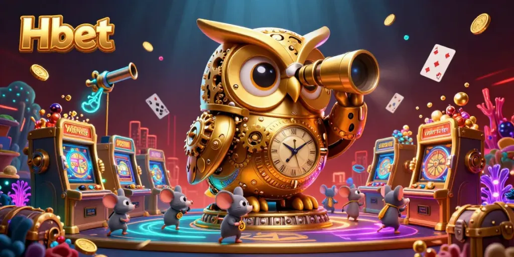 Experience the thrill at Hbet's vibrant casino scene with a golden owl and lively game elements.