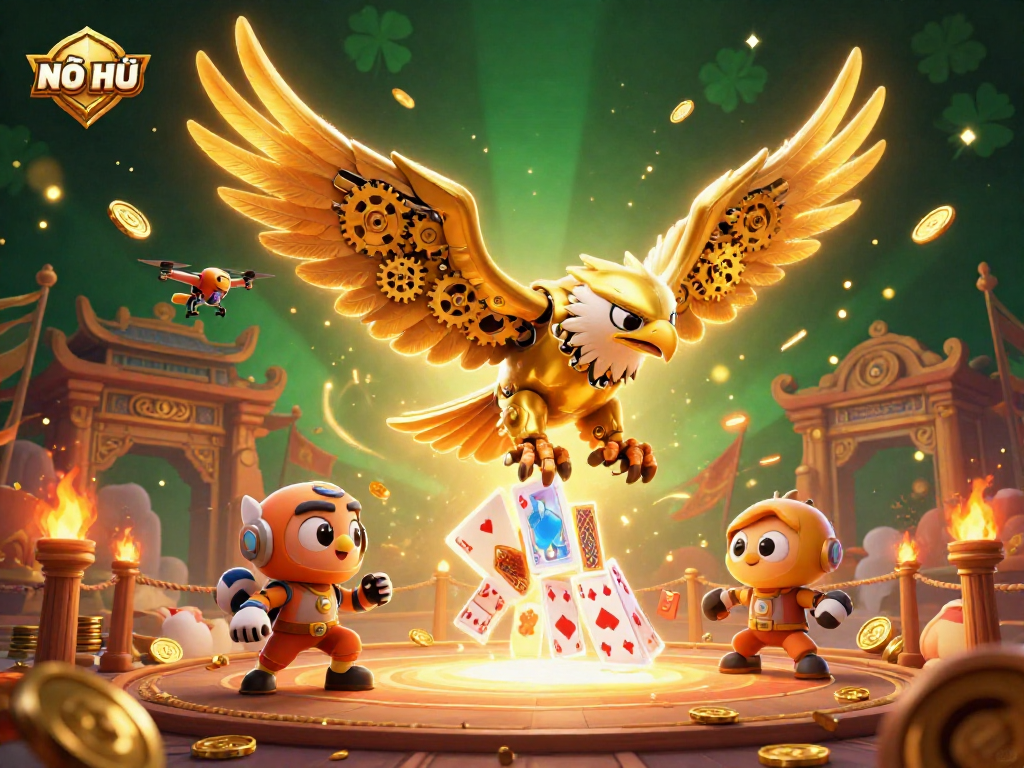 NỔ HŨ jackpots await as a golden eagle soars through holographic cards amidst vibrant casino elements.