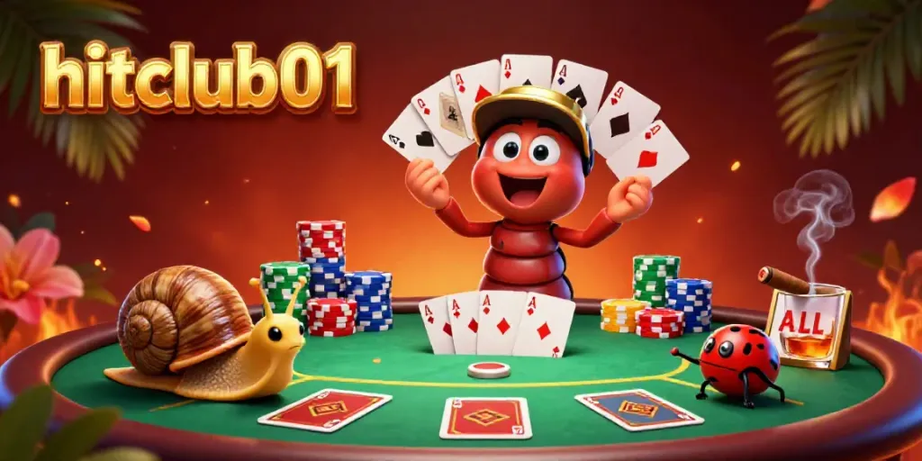 Experience exhilarating gameplay at hitclub01 with vivid scenes of a cartoon millipede dealer surrounded by colorful poker elements.