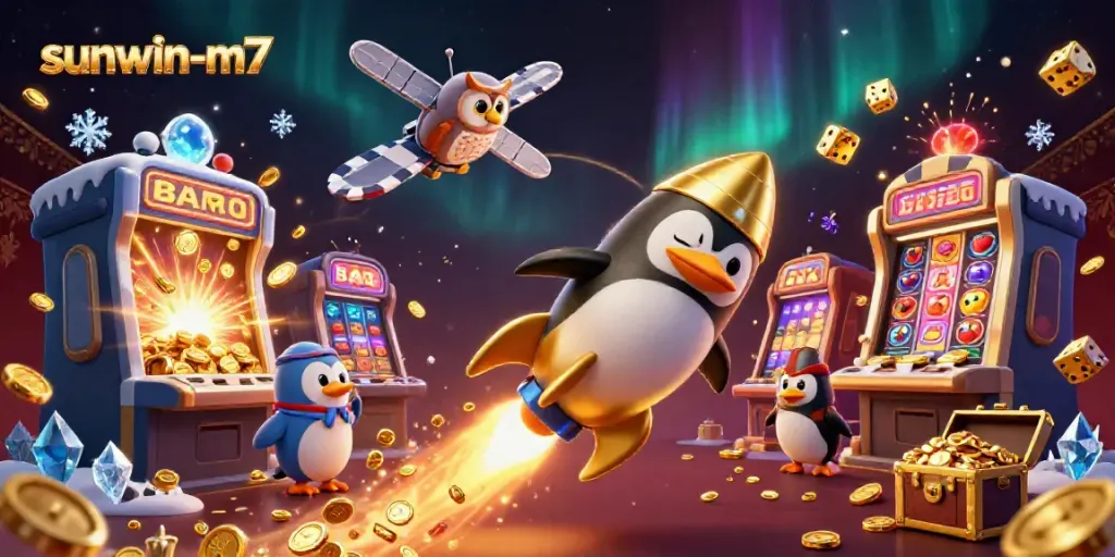 Experience the thrill of sunwin-m7 with a dynamic casino scene featuring a rocket penguin and slot machines.