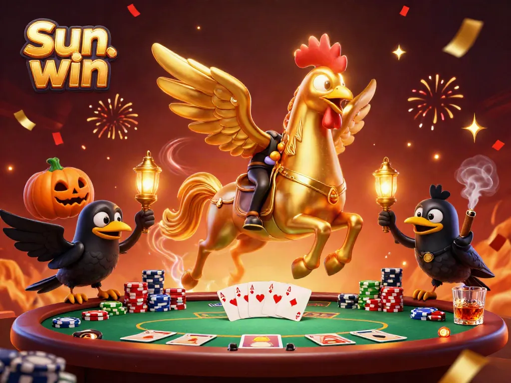 Experience the thrill of Sun win as the golden rooster heads to the casino, surrounded by poker excitement and winning chances.