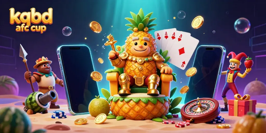 Engage with kqbd afc cup in a vibrant casino scene with a pineapple king, smartphone games, and golden coins.