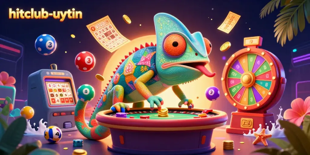Experience the excitement at hitclub-uytin with a vibrant chameleon casino owner amidst dynamic lottery action.