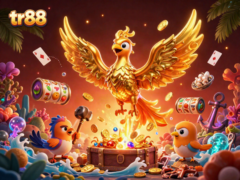 Experience thrill at tr88 with a golden phoenix, vibrant slots, and treasure in an ocean setting.