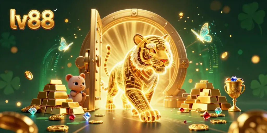 Experience the excitement of lv88 with a vibrant digital casino featuring a glowing tiger and treasures.