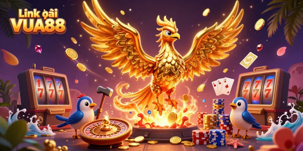 Experience the excitement of Link vào VUA88 with a vibrant 3D casino scene featuring a golden phoenix and interactive elements.