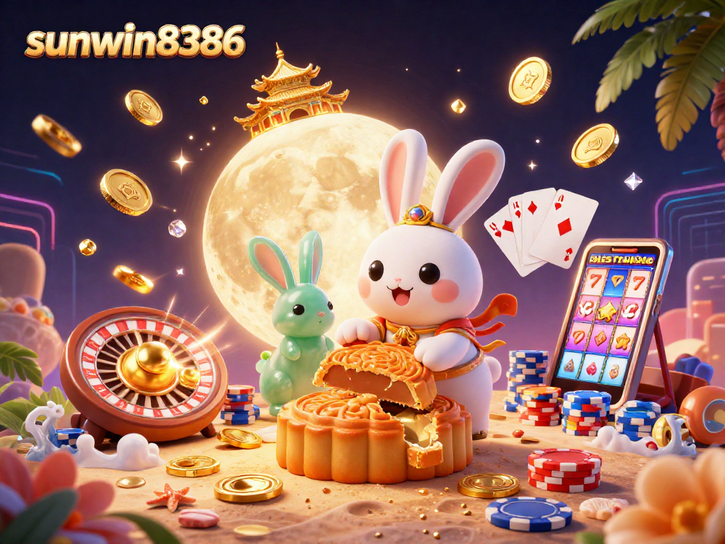 Experience thrilling entertainment at sunwin8386 with a whimsical lunar scene featuring rabbits and casino elements.