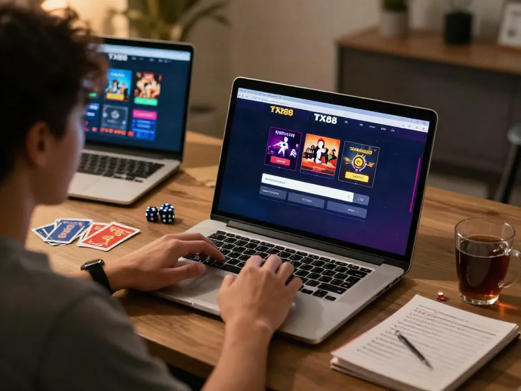 TX88 đăng nhập on a laptop with vibrant betting options in a cozy home office.