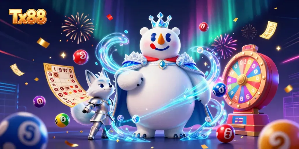 Experience the excitement of Tx88 with vibrant casino elements surrounding a regal ice king bear and a snow fox companion.