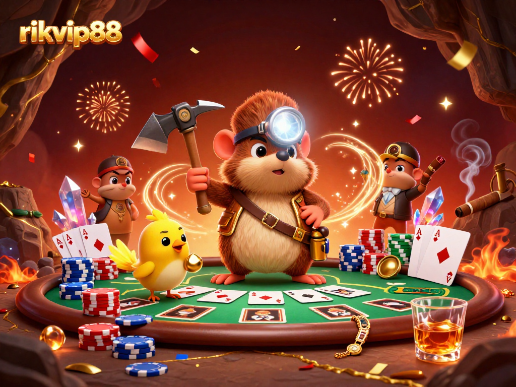 Join the thrilling action at rikvip88, where treasure hunters and poker champions meet in a vibrant casino scene.