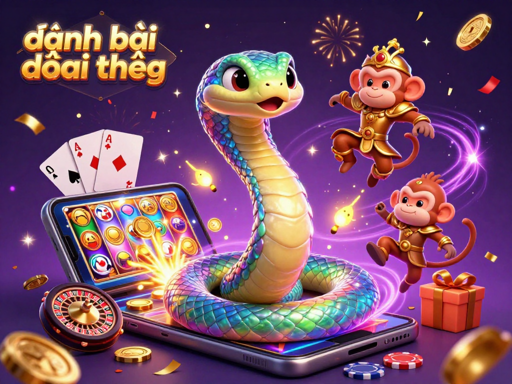 Engage in exciting đánh bài đổi thưởng with a vibrant illustration of a rainbow serpent and playful monkey king.