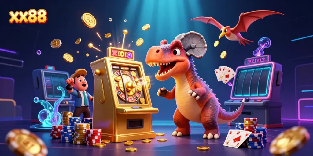 xx88 jackpot scene with dinosaur characters engaging in casino fun, showcasing dynamic action and excitement.