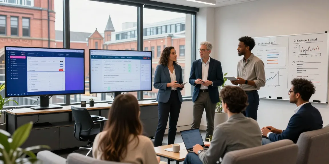 Engaging team discussing airbnb management manchester strategies in a bright office