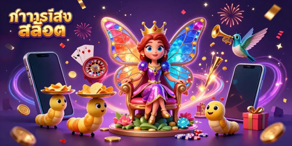 Engage with ทดลองเล่นสล็อต in a vibrant 3D casino scene featuring a butterfly queen and gaming elements.