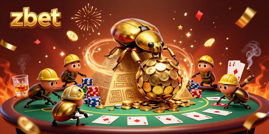 Experience thrilling wins at zbet with an animated scene of golden beetles celebrating casino games.