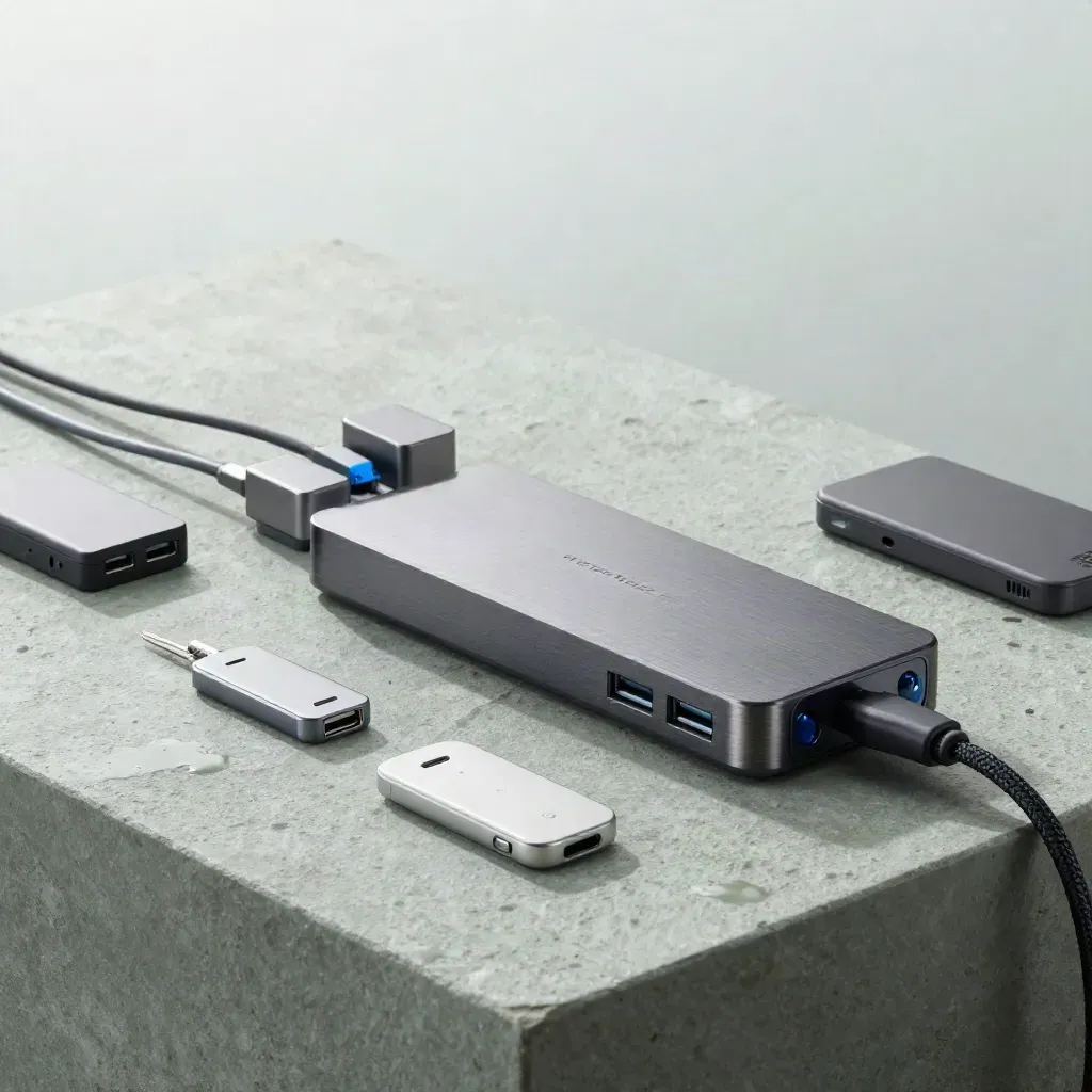 Premium tech toolkit with dock, adapters, security key and SSD enclosures on pale stone in soft studio light.