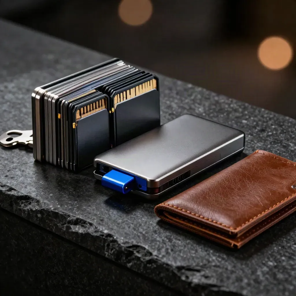 Compact card case, memory cards and drive shells on dark stone under dramatic studio light.