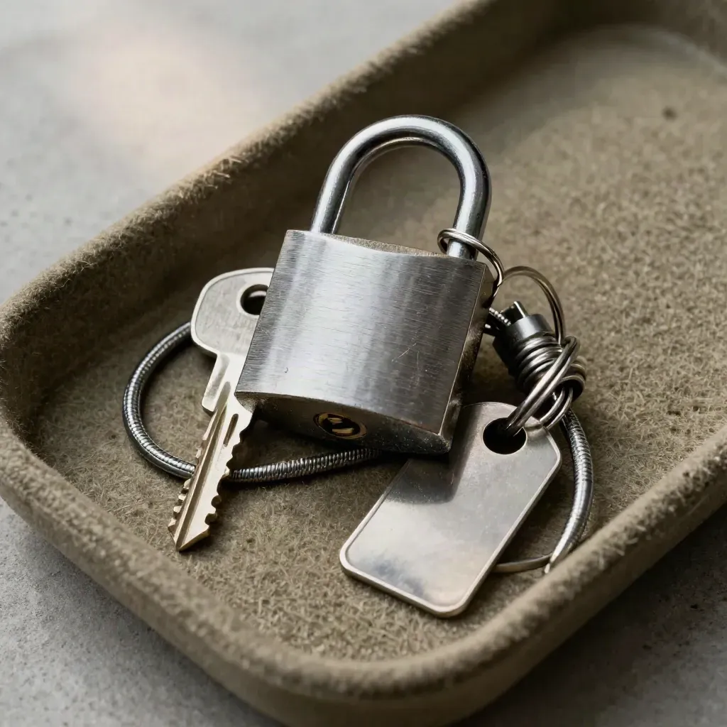 Padlock, hardware keys, cable lock and blank tag in a tense macro cluster
