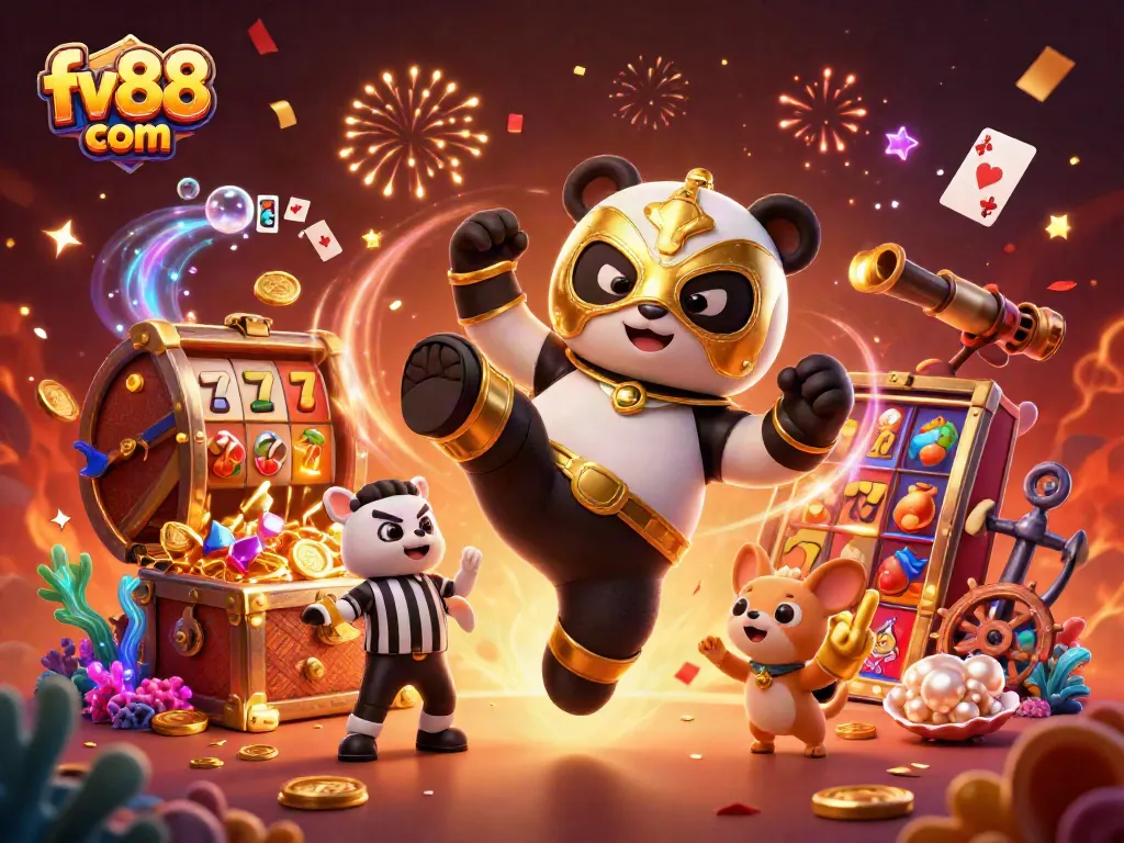 Experience exciting game action with fv88 com as a panda wrestler kicks in a vibrant casino scene.
