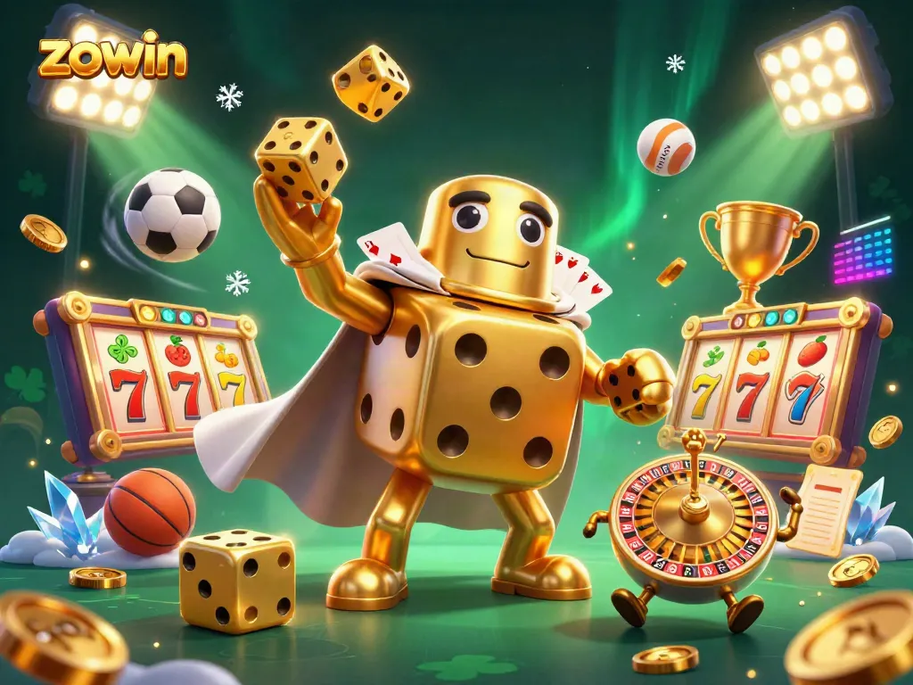 Engage in thrilling games at zowin with a vibrant array of golden dice, slot reels, and sports balls.