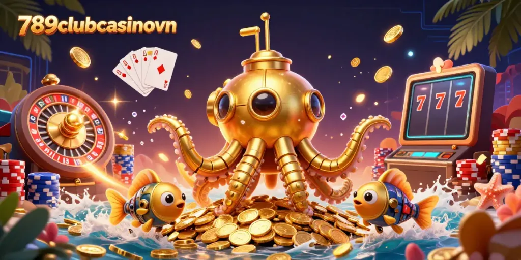 Experience the excitement of 789clubcasinovn with a golden kraken submarine amidst cascading coins and vibrant gaming elements.