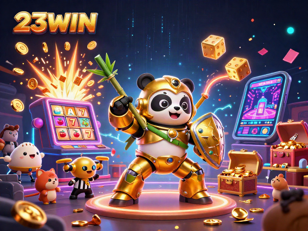 Engage in thrilling gaming action at 23WIN with dynamic illustrations of jackpots, slots, and vibrant casino excitement.