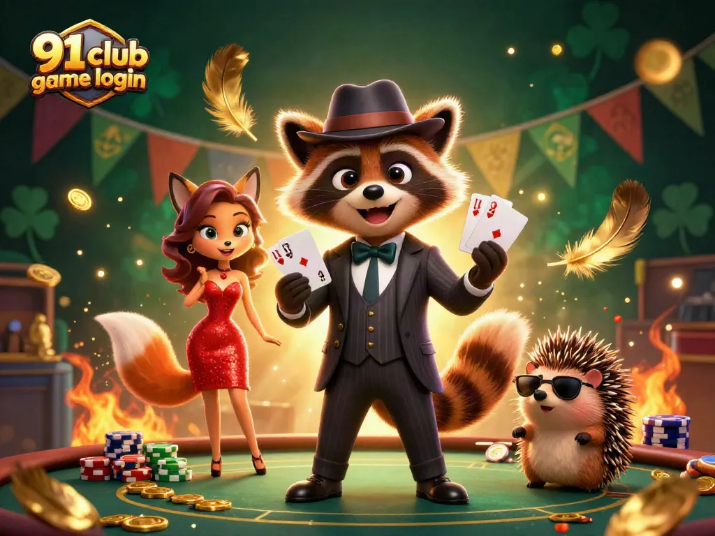 Engage with the vibrant scene depicting 91 club game login with raccoon, fox, and hedgehog amidst casino elements.