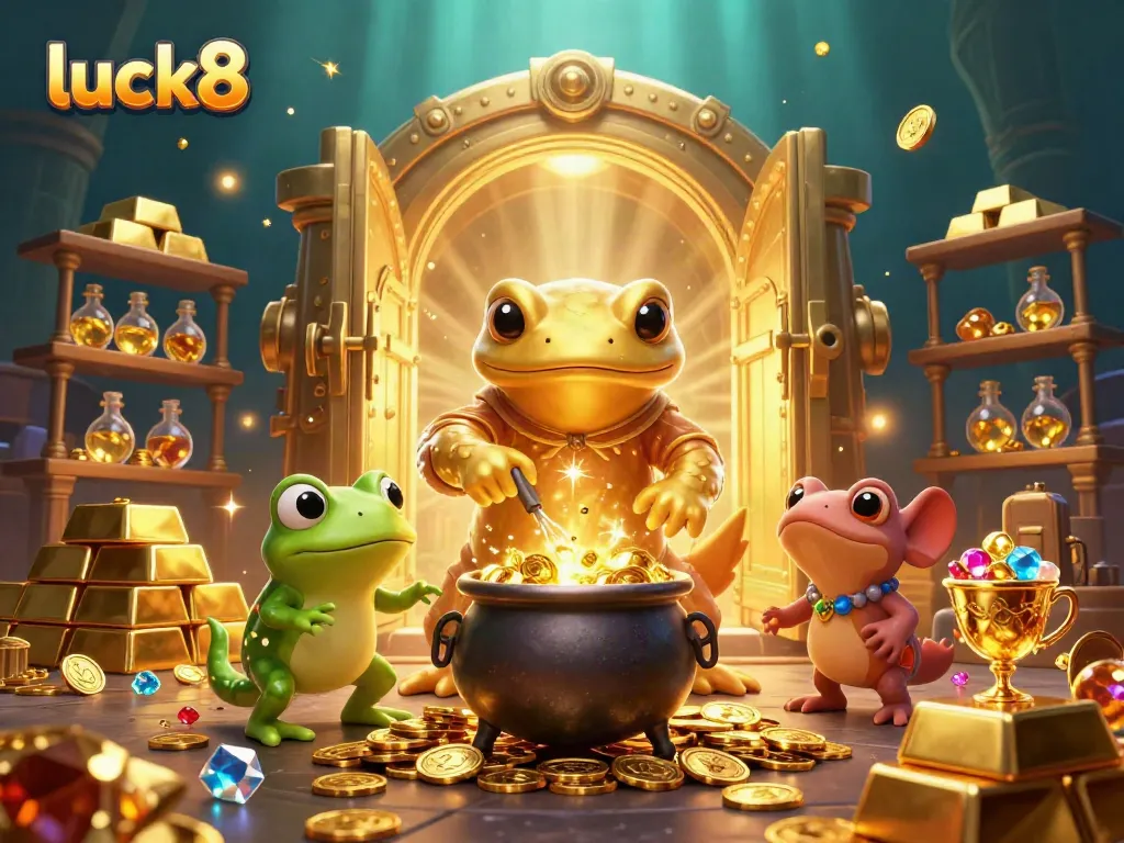 Spin fortunes at luck8 with golden alchemy and treasure in a vibrant casino scene.