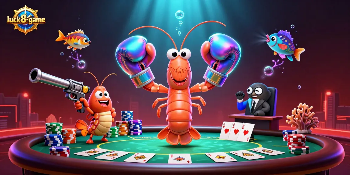 Engage in exciting underwater poker action with luck8-game's vibrant shrimp characters and casino elements.