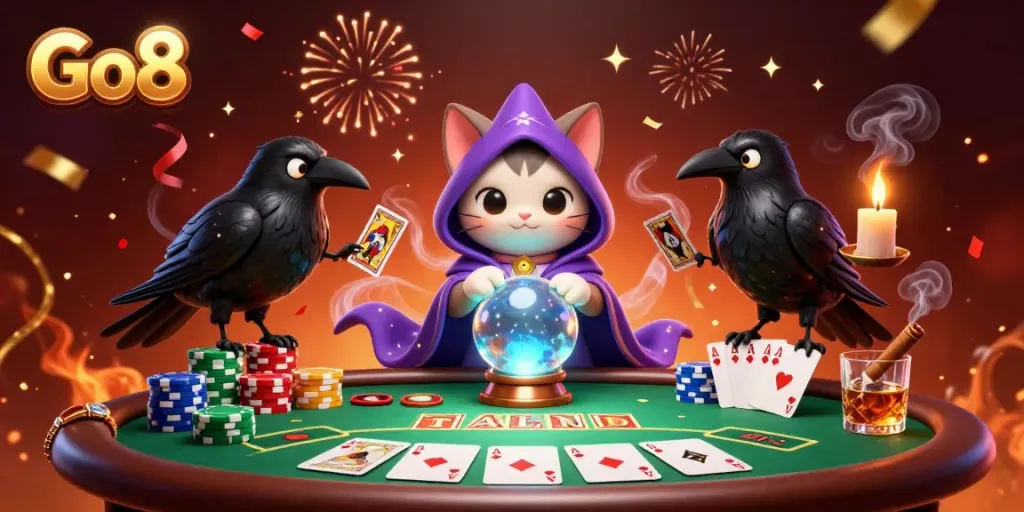 Engage in thrilling gambling at Go8 with a vibrant scene of a fortune teller cat and raven amidst poker and celebration.