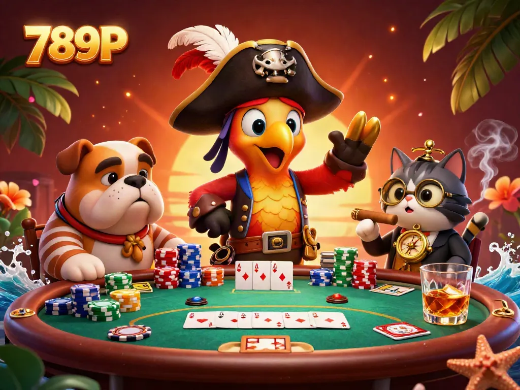 Play poker with 789P featuring a lively group of cartoon characters around a vibrant poker table, showcasing action and excitement.