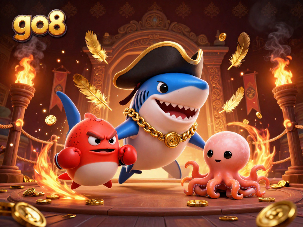 Experience thrilling gameplay at go8 with a pirate shark, pufferfish, and octopus in a vibrant underwater casino adventure.