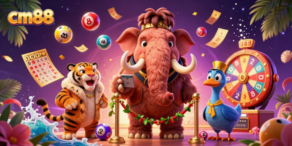 Experience excitement at cm88 with a whimsical scene featuring vibrant lottery elements and casino characters.