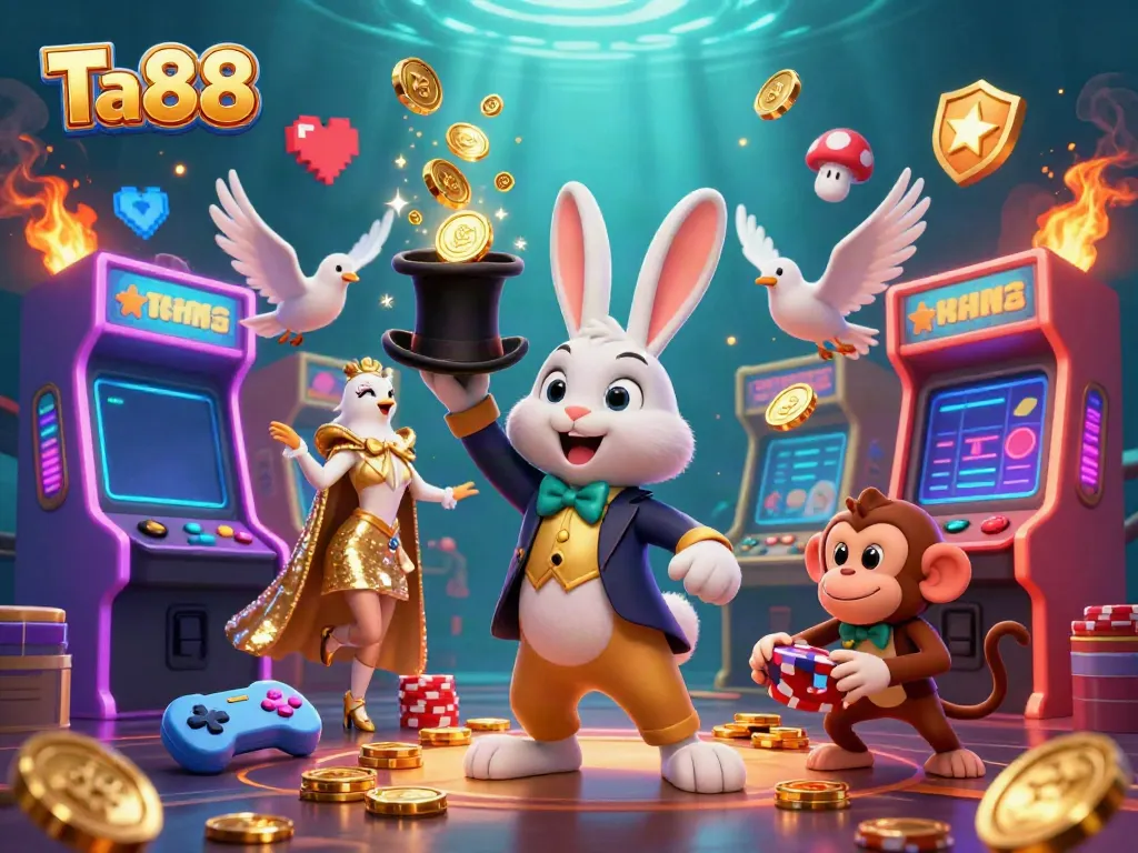 Experience the magic of Ta88 with a 3D illustration showcasing a whimsical rabbit magician, dove assistant, and a monkey amidst captivating gaming elements.